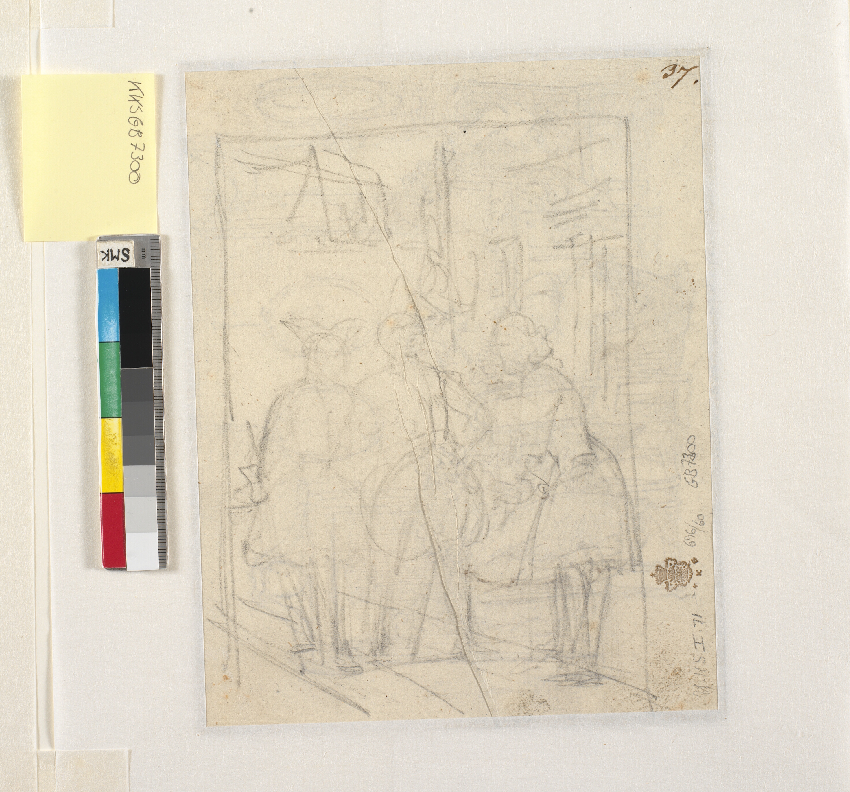 Blyantsrids til komposition med Holberg der går til side for de to narre